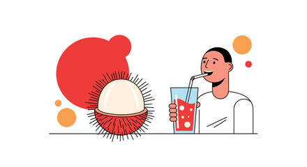 Vibrant Illustration Of A Person Enjoying Lychee Juice With Exotic Fresh Fruit Beside Him
