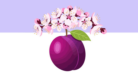 Vibrant Illustration of a Plum Fruit with Blooming Cherry Blossoms, Spring Season