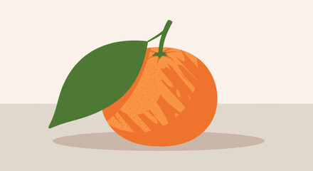 Vibrant Illustration of a Single Mandarin Orange With Green Leaf and Stem