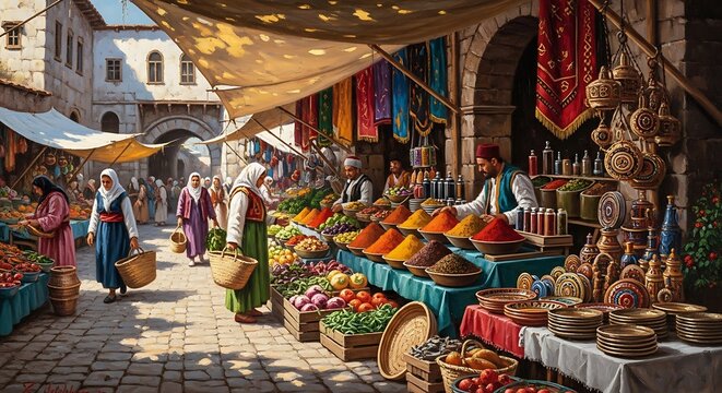 Bustling traditional souk market with colorful spices and textiles.