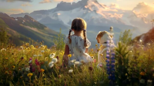 A vivid, sunlit meadow with a girl and a dog in the foreground. The girl, with her braided hair, is wearing a white dress adorned with small floral patterns. The dog.
