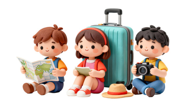 [Transparent Background PNG]Children preparing for a travel with map luggage and camera