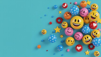 Colorful 3d emoji balls and stars scattered on turquoise background smiley face happy