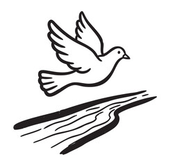 Obraz premium Black outline vector icon of a dove flying above a curved branch. minimal line drawing ideal for peace and freedom concepts.