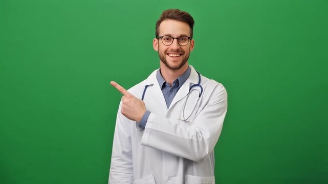 Confident excited smiling handsome young male doctor pointing finger at empty space isolated over green background