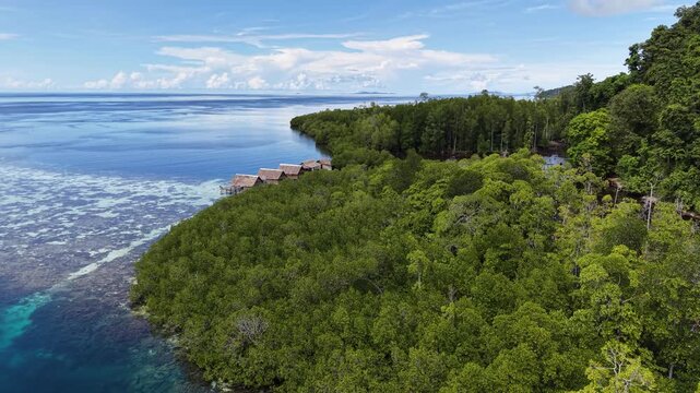 Aerial view of a vibrant blue lagoon surrounded by coral reefs and dense coastal jungle in Raja Ampat, Indonesia.	