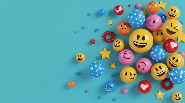 Colorful 3d emoji balls and stars scattered on turquoise background smiley face happy