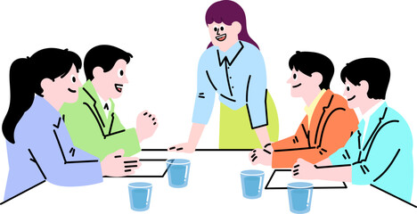 Business team having a meeting and discussing ideas around a table, showing teamwork and collaboration in a modern office setting.