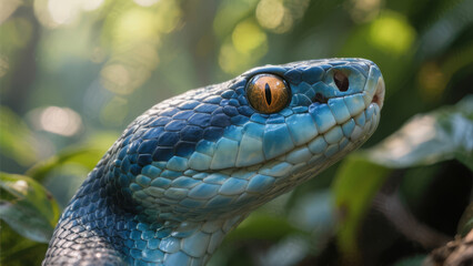 Fototapeta premium Vivid blue snake with striking orange eyes head raised among lush green foliage detailed scales.