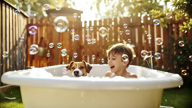A candid shot of a child and a dog in a bathtub, with bubbles floating around them. The child is laughing, and the dog is looking directly at the camera.