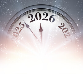 Minimalist clock with glowing light and snowfall effect marks the countdown to 2026. Vector illustration.