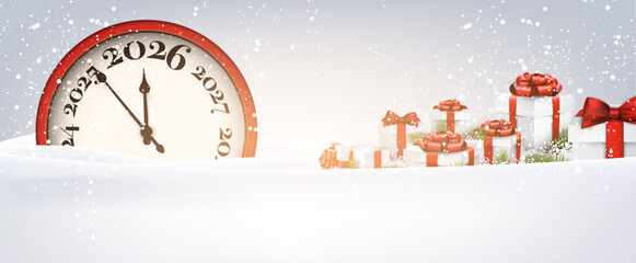 Vector illustration of a festive New Year 2026 countdown clock in snowy scenery with Christmas gifts and decorations.