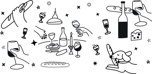 Elegant doodle vector pack showcasing fine dining, drinks, and celebration in minimal black and white outlines.