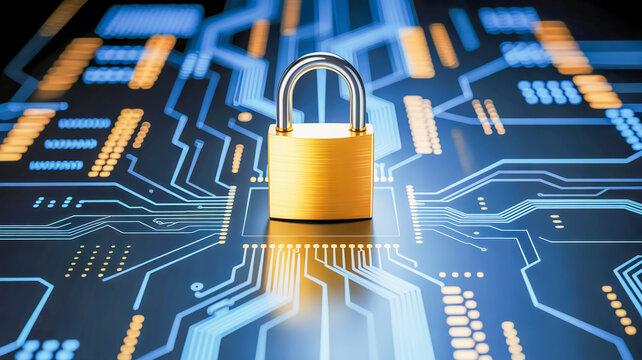 Golden Padlock on Abstract Circuit Board Background - Powered by Adobe