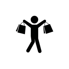 Happy stick figure person celebrating a successful shopping spree, holding two bags. Retail consumerism success icon.