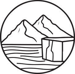 Outline Mountains, Sea, and Iceberg Circle Icon. Nature landscape, arctic exploration, and adventure graphic
