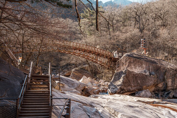 Wooden bridge and rocky stairs in Seoraksan National Park, Sokcho, South Korea