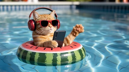 Orange tabby cat wearing headphones and sunglasses floats on watermelon ring in pool orange cat