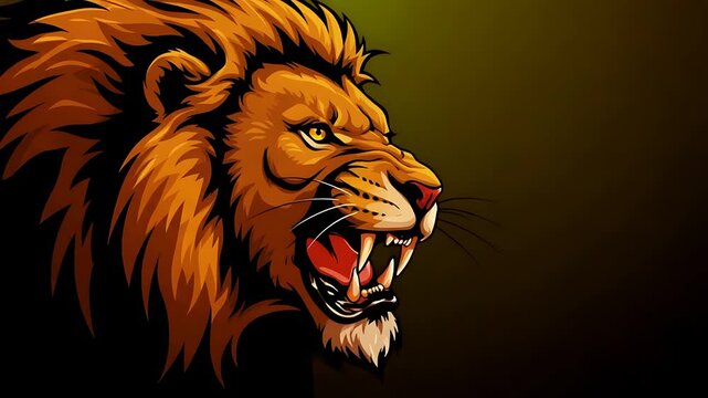 Roaring Lion Animated Head, Aggressive Animal Mascot, Wild Cat with Open Mouth and Sharp Teeth