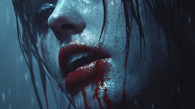 dark, moody portrait of a woman with wet hair, blood, and lipstick in a horror or thriller scene
