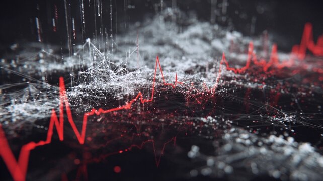 Visualizing Volatility: An abstract digital depiction shows a sea of interconnected data points with fluctuating red waveforms, conveying concepts of financial turbulence, data analysis.