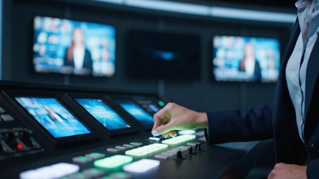 A media professional operates a sophisticated control panel in a modern broadcast studio.