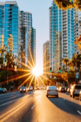 Obraz premium Urban city street with high-rise buildings and cars at sunset, blurred lights and golden sun rays