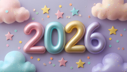 Luxury Gold Balloon New Year 2026 Kids Party Background | Glitter Confetti Pastel Celebration Template | Child Friendly Printable Holiday Art for Cute NYE Invitations & Party Flyers