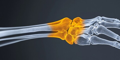 digital x-ray image of a human wrist with highlighted bones and joints for medical and anatomy use