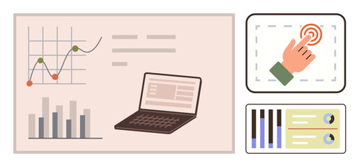 Laptop with charts, graphs, and data panels showcasing analytics. Interactive hand gesture highlights data interaction. Ideal for business, analytics, data management, reporting, technology