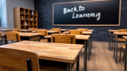A classroom with wooden desks and a chalkboard displaying 'Back to Learning,' creating a welcoming educational environment.