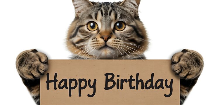 Tabby cat holding happy birthday sign with paws on white background kitten animal - Powered by Adobe