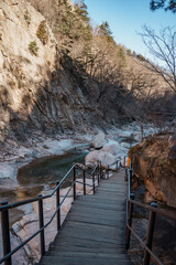 Wooden bridge and rocky stairs in Seoraksan National Park, Sokcho, South Korea