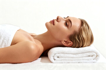 Relaxed woman lying on a towel enjoying a spa treatment