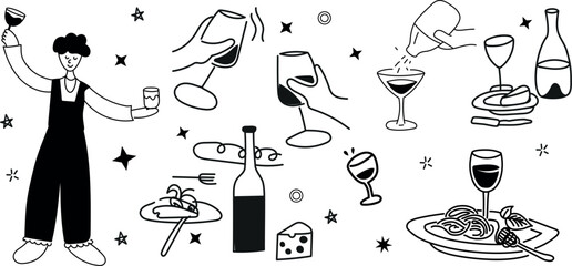 Romantic dinner vector collection with wine, bread, and cheese &mdash; timeless minimalist elegance in line art form.