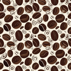 A seamless, repeating pattern of illustrated roasted coffee beans and decorative swirls on a light cream background.