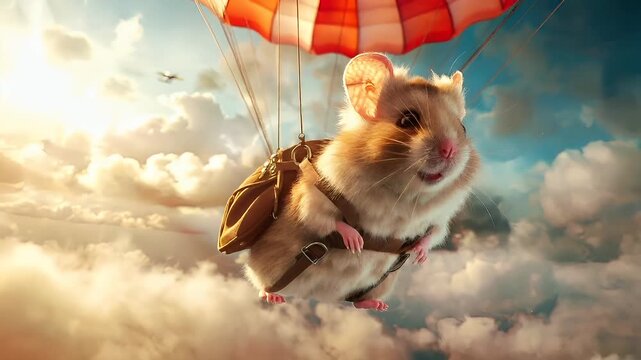 A whimsical illustration of a hamster soaring through the sky with a parachute. The hamster is depicted with a backpack, suggesting a journey or adventure.