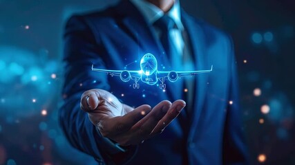 Digital Aviation Future: Businessman Presenting Holographic Airplane Technology Innovation - Powered by Adobe