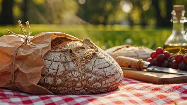 Rustic Bread Picnic - A close-up shot features a freshly baked loaf of bread emerging from a paper bag on a red and white checkered blanket.