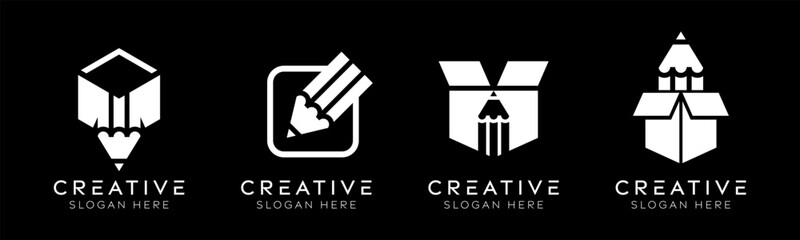 Set of pencil box logo design templates. Modern isolated box with pencil design for education, design, and stationery.