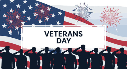 Veterans Day celebration with saluting soldiers and fireworks, perfect for promotional materials and educational use to honor veterans