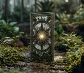 Naklejka premium Mystical Tablet in Nature's Embrace: An ancient, weathered tablet, adorned with intricate starburst carvings, stands amidst the lush embrace of nature, its core radiating an ethereal glow.