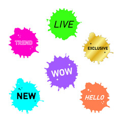 Blots with top words and neon colors. Suitable for social media, advertising, banners, and marketing projects. Image. Template. Background. Design. Art. Vector. Sticker Set. 