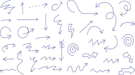 Collection of hand drawn arrows and symbols in blue ink