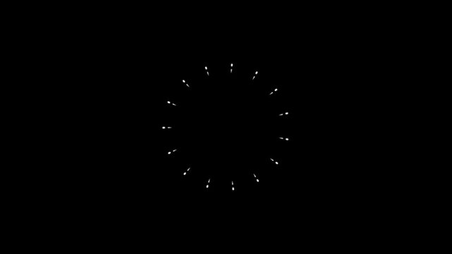 Fireworks animation line blast and circle burst explosion in 4K black screen with glowing spark trails, luminous rings, and shiny light motion graphics for party, new year, and festival celebrations