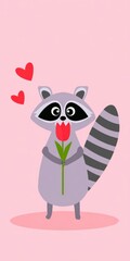 Fototapeta premium Raccoon cartoon holding tulip with red hearts on pink background