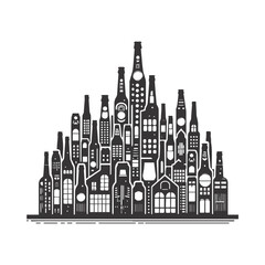 Fototapeta premium Bottle Skyline Vector – City Silhouette Made of Beverage Bottles in Minimal Black and White Style 