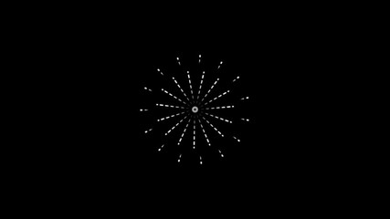 Fireworks glowing circle burst animation 4K black screen featuring radiant light trails, shiny line bursts, and luminous spark explosions, ideal for festive, Christmas motion graphic background design