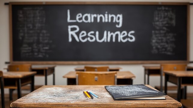 A classroom scene featuring a chalkboard with 'Learning Resumes' written in chalk and a wooden desk with stationery.
