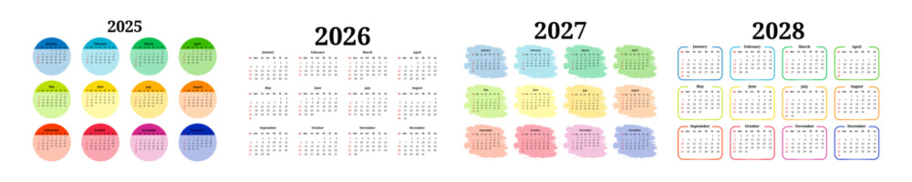 Set of calendars for 2025, 2026, 2027 and 2028 on a white background